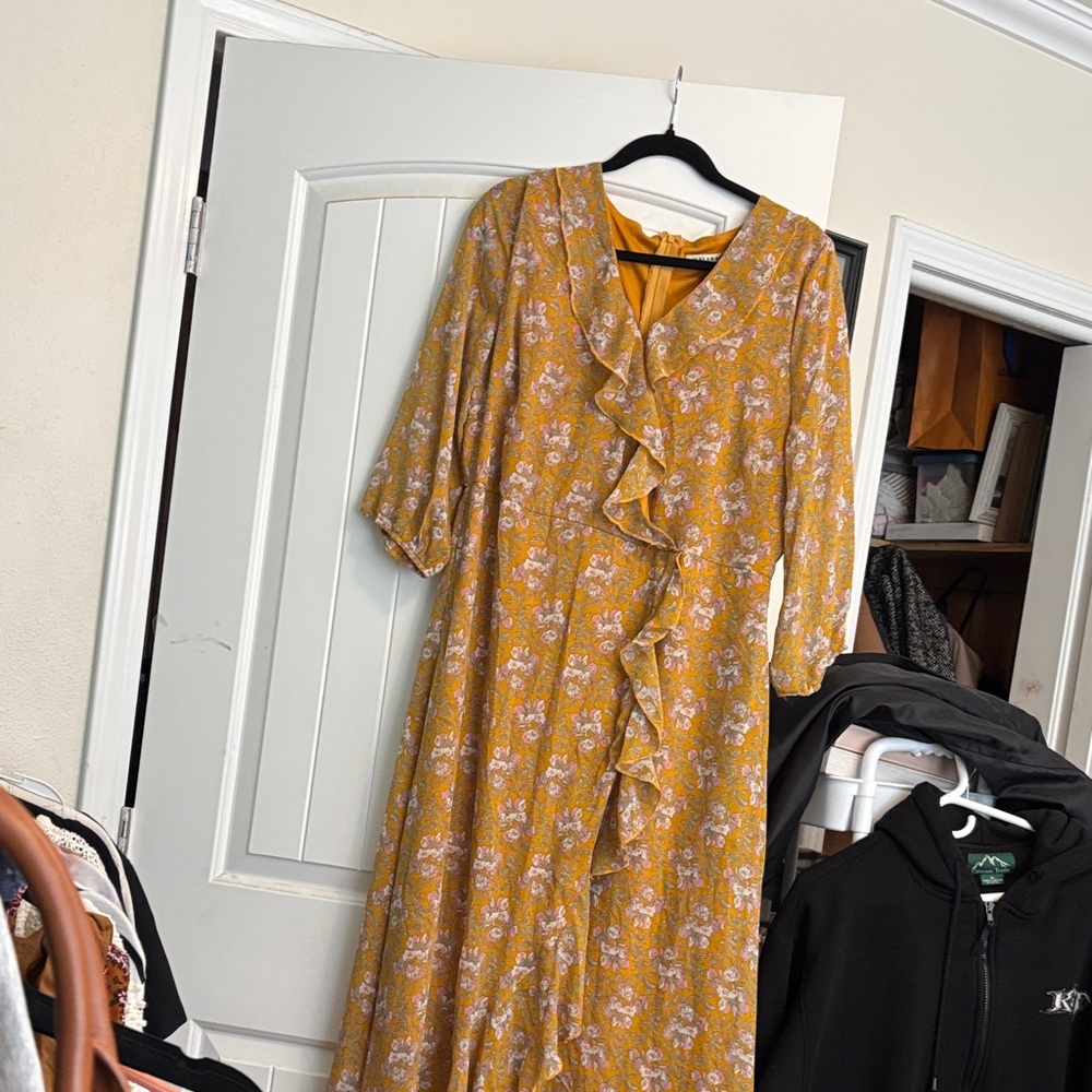 JessaKae Mustard Floral Long Sleeve Ruffle Maxi Dress